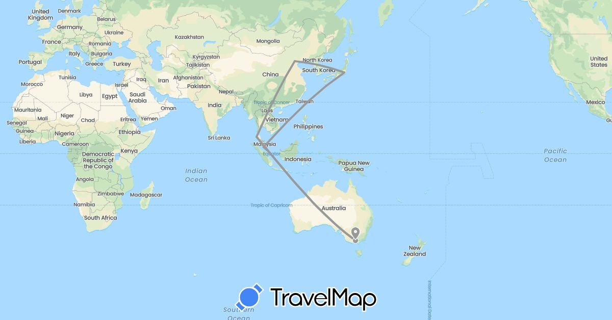 TravelMap itinerary: driving, plane in Australia, China, Japan, Malaysia, Singapore, Thailand (Asia, Oceania)